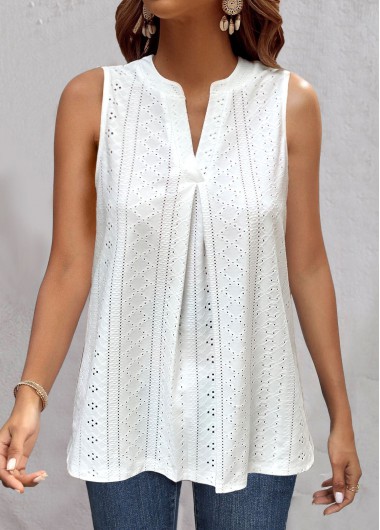 Sleeveless Split Neck White Tank Top