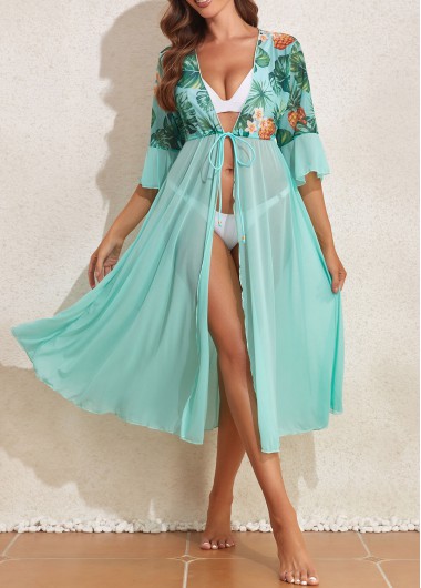 Leaf Print Ruffle Mint Green Cover Up
