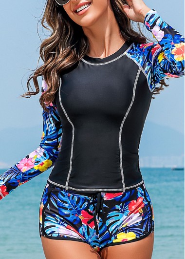 Mid Waisted Tropical Plants Print Tie Tankini Set