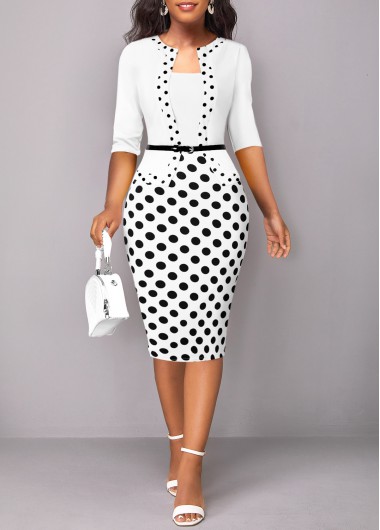 Polka Dot Patchwork White Square Neck Bodycon Dress