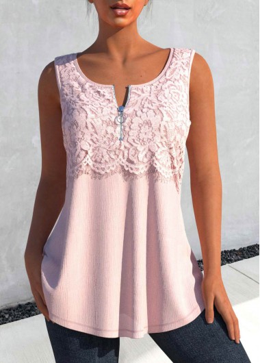 Light Pink Round Neck Lace Tank Top