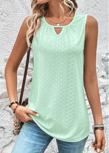 Cut Out Round Neck Light Green Tank Top