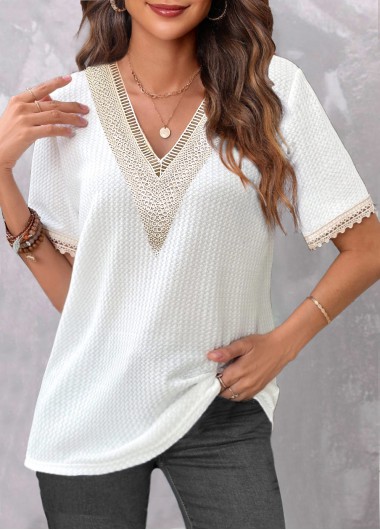 Lace V Neck White Short Sleeve T Shirt