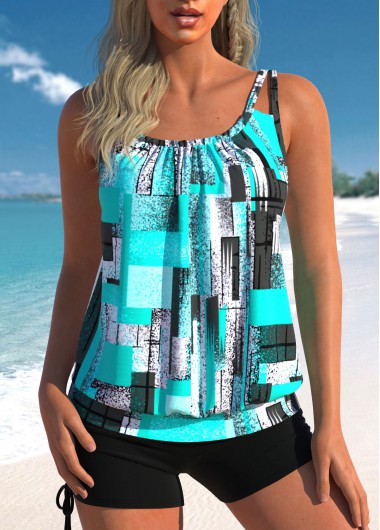 Geometric Print Ruched Cyan Tankini Top