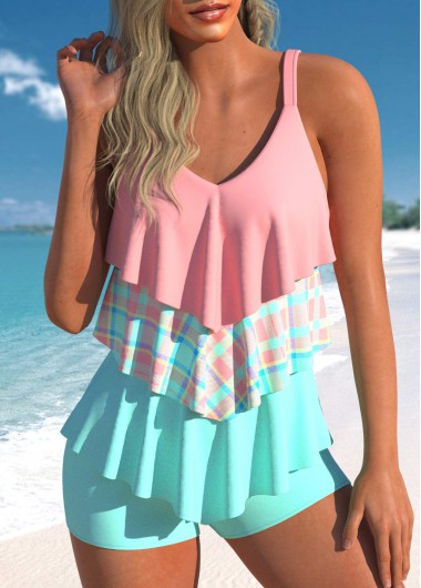 Patchwork V Neck Light Pink Tankini Top