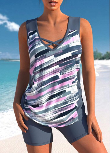 Graffiti Print Criss Cross Dark Grey Tankini Top