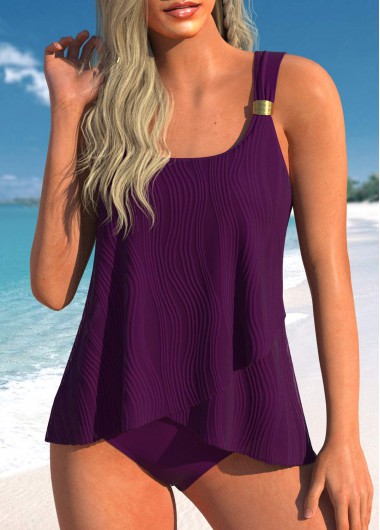 Wide Strap Cross Hem Dark Purple Tankini Top
