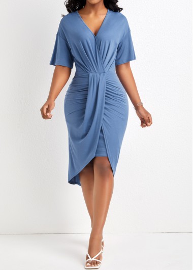 Dusty Blue High Low Ruched Bodycon Dress