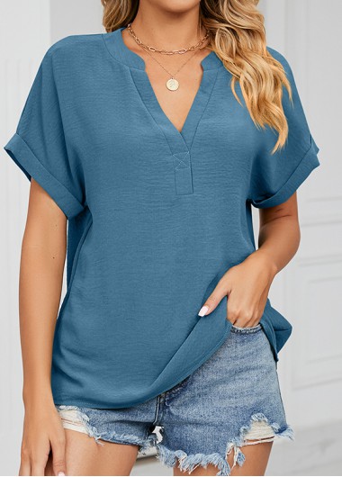 Peacock Blue V Neck Lightweigh Short Sleeve Blouse