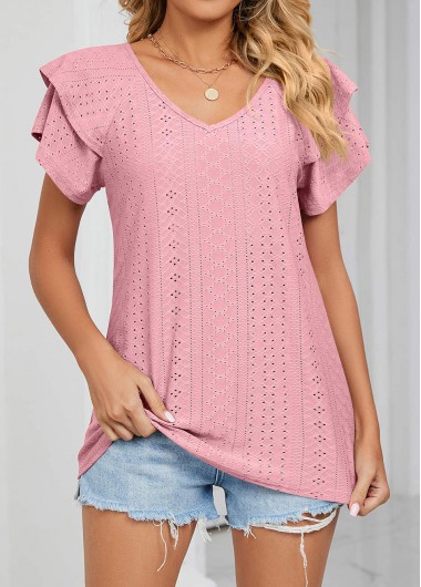 Dusty Pink Jacquard V Neck T Shirt