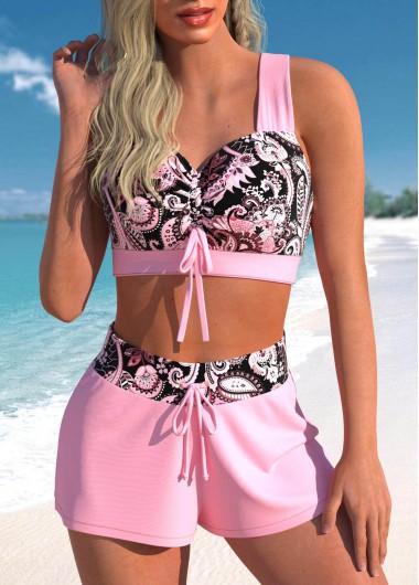 Paisley Print Criss Cross Pink Bikini Top