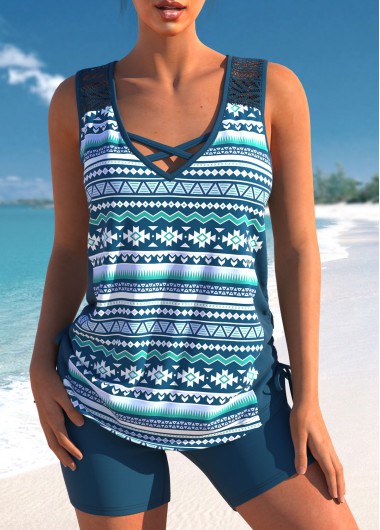 Tribal Print Criss Cross Peacock Blue Tankini Top