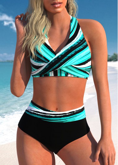 Striped Criss Cross Cyan Bikini Top