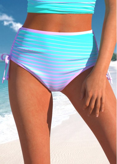 Mid Waisted Striped Multi Color Drawstring Bikini Bottom