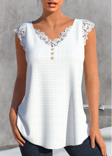 Lace V Neck White Tank Top