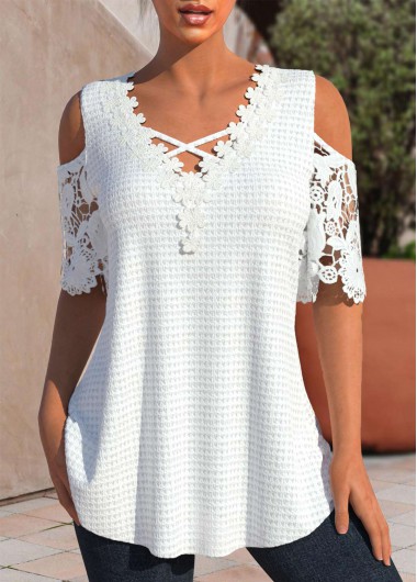 Lace White V Neck Cold Shoulder T Shirt