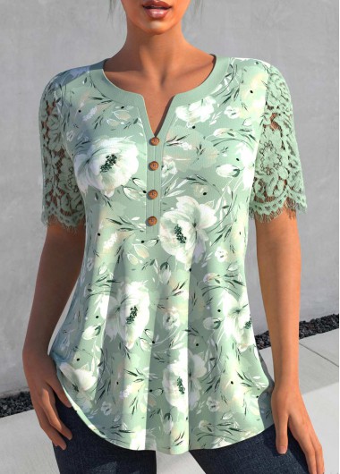 Floral Print Lace Sage Green Split Neck Blouse