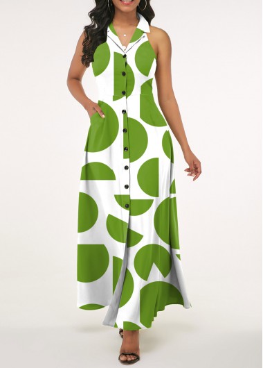 Geometric Print Pocket Green Lapel Sleeveless Maxi Dress