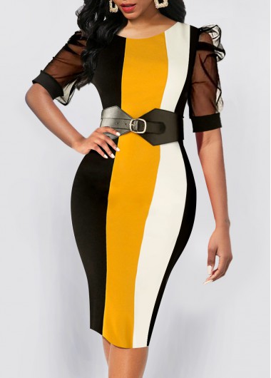 Striped Mesh Multi Color Round Neck Bodycon Dress