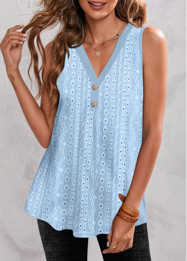 Light Blue V Neck Button Tank Top
