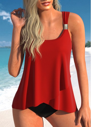Wide Strap Cross Hem Red Tankini Top