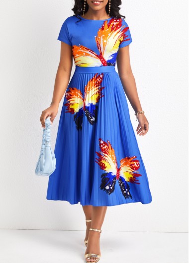 ROTITA Pleated Butterfly Print Sky Blue Round Neck Dress