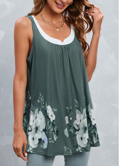 Floral Print Patchwork Green Scoop Neck Tank Top