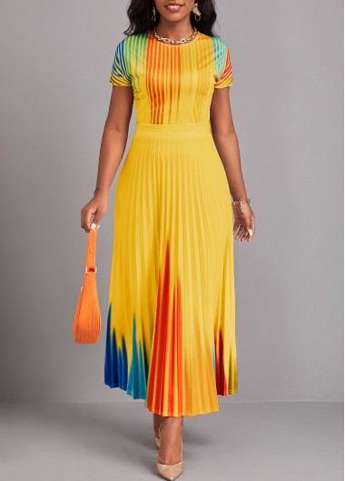 ROTITA Pleated Ombre Beige Round Neck Maxi Dress