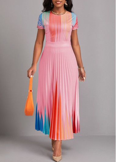 ROTITA Pleated Ombre Pink Round Neck Short Sleeve Maxi Dress