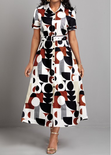 Geometric Print Button Belted Multi Color Dress