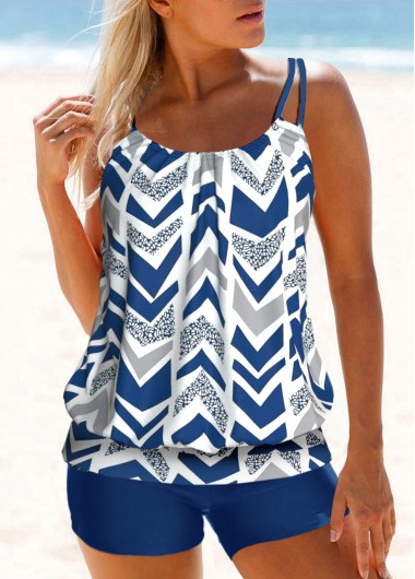 Double Straps Geometric Print Blue Tankini Top