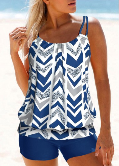 ROTITA Blue Double Straps Geometric Print Tankini Top