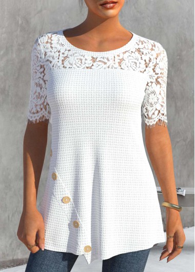 ROTITA Lace White Round Neck Short Sleeve T Shirt