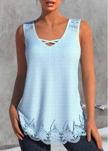 Light Blue V Neck Lace Tank Top