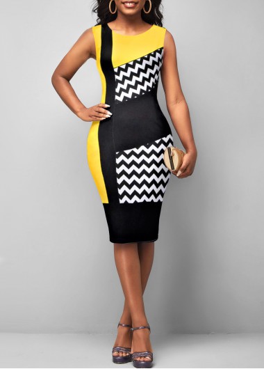 Geometric Print Yellow Round Neck Sleeveless Bodycon Dress