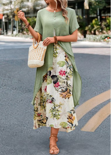 Leaf Print Fake 2in1 Sage Green Dress