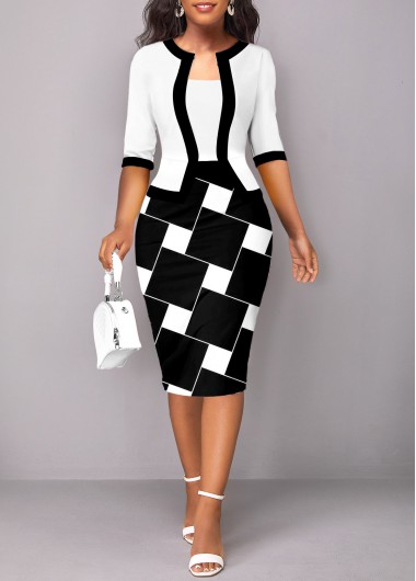 Geometric Print Patchwork White Square Neck Bodycon Dress