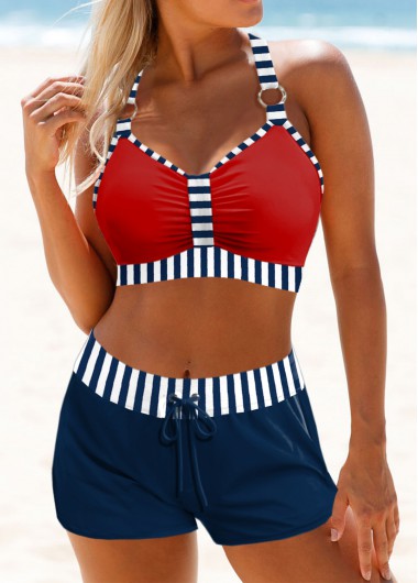 Striped Patchwork Red Bikini Top
