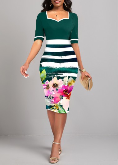 Floral Print Patchwork Blackish Green Bodycon Dress