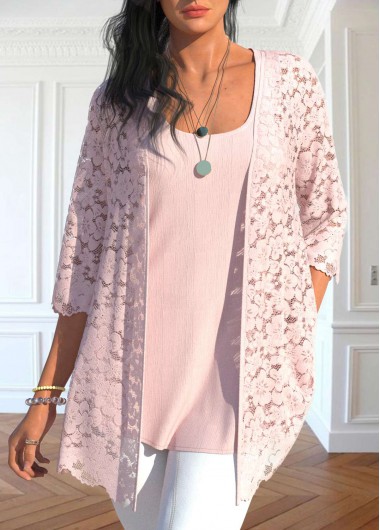 Light Pink Scoop Neck Lace Tank Top and Cardigan