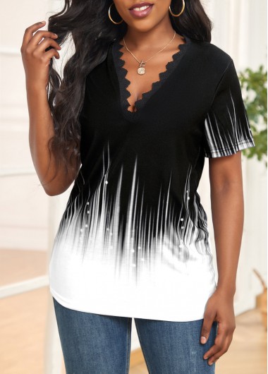 Ombre Lace Black V Neck T Shirt