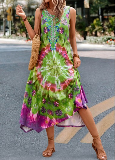 Tie Dye Print Handkerchief Hem Green Dress
