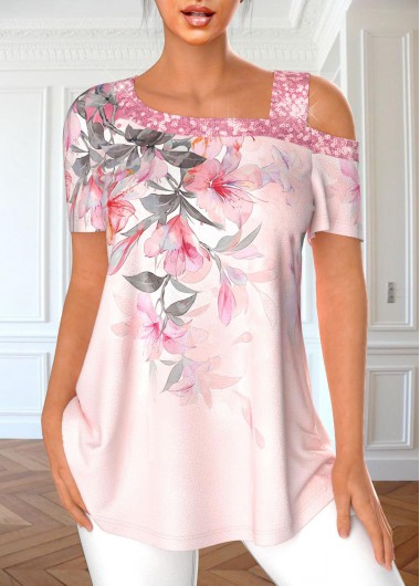 Floral Print Sequin Light Pink T Shirt