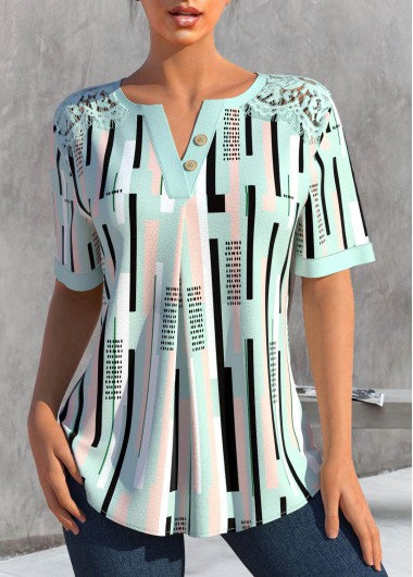 Striped Lace Green Split Neck Short Sleeve Blouse