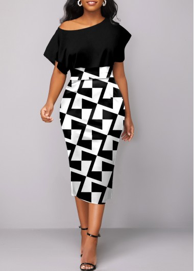Geometric Print Asymmetry Black Boat Neck Bodycon Dress