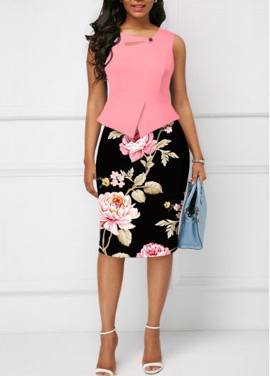 Floral Print Cut Out Pink Bodycon Dress
