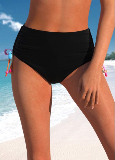 Drawstring High Waisted Black Bikini Bottom