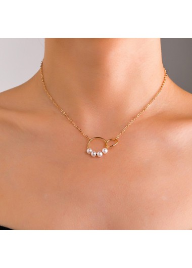 Round Pearl Design Metal Detail Golden Necklace