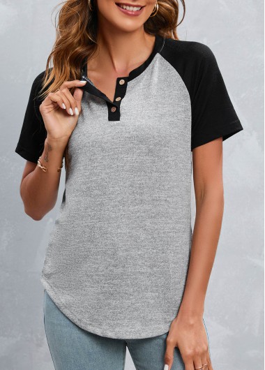 Light Grey Round Neck Button T Shirt