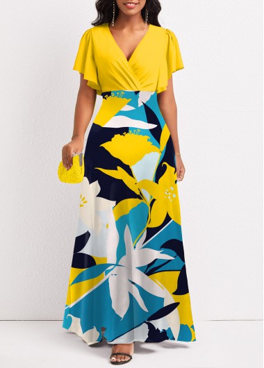 ROTITA Surplice Plants Print Multi Color Maxi Dress